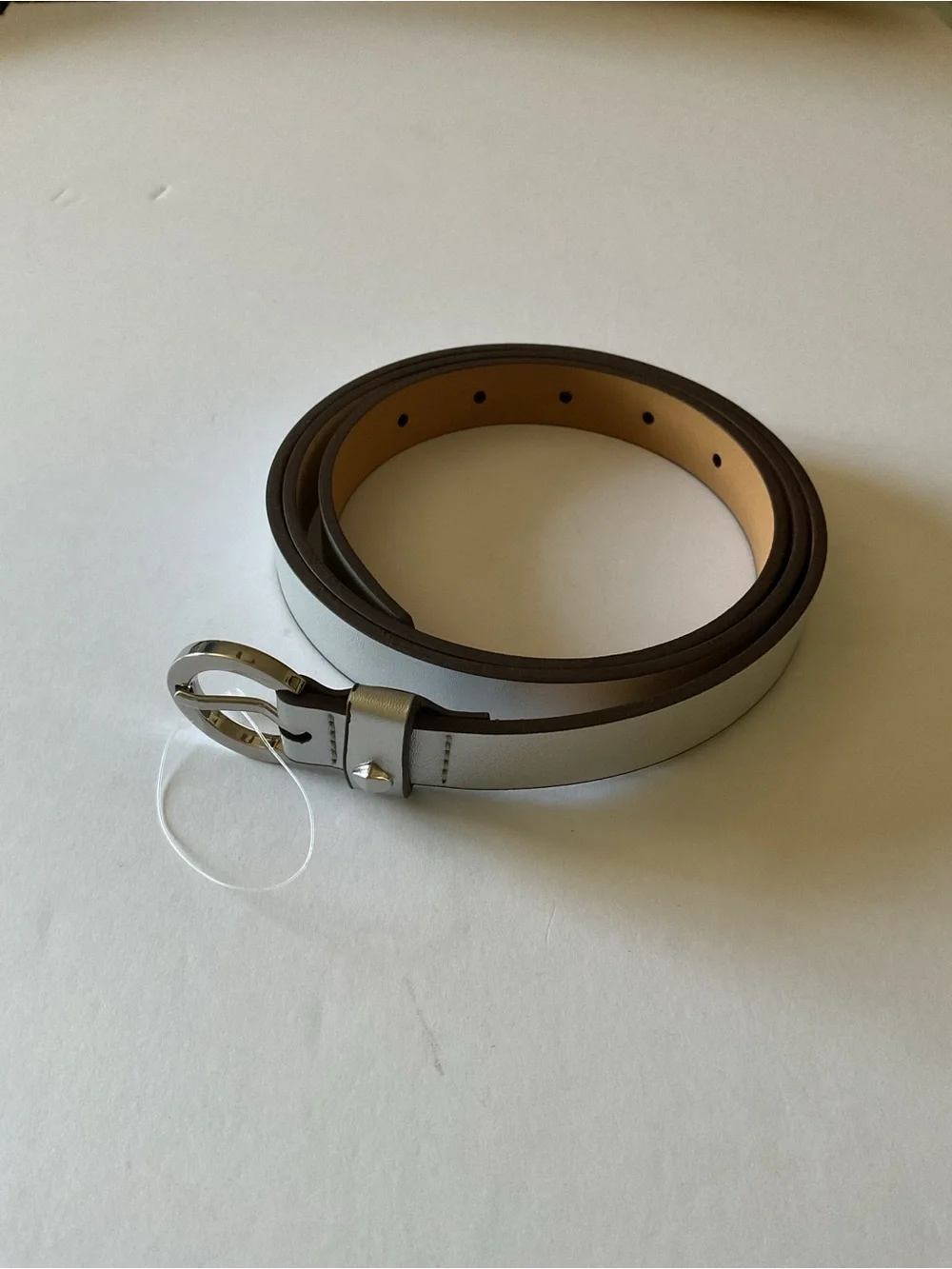 KATE SPADE WOMENS LEATHER BELT SILVER METALLIC SILVER ROUND BUCKLE SIZE XL NWOT